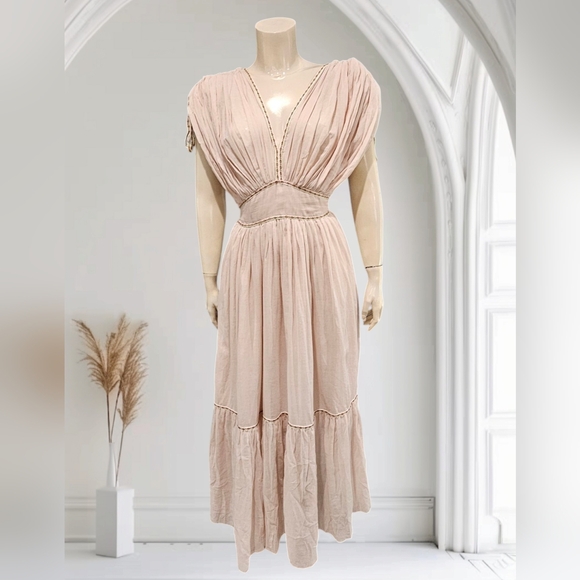 PITUSA Clara Women Pale Pink Blush Boho Inca Trim Ruffle Midi Maxi Dress S - Picture 1 of 8